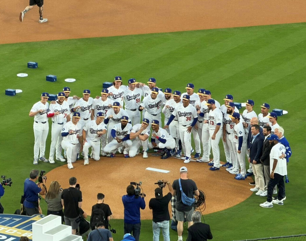 Integrantes de Los Angeles Dodgers durante la ceremonia de anillos de marzo de 2026; fotografía de archivo de Spanneraol.